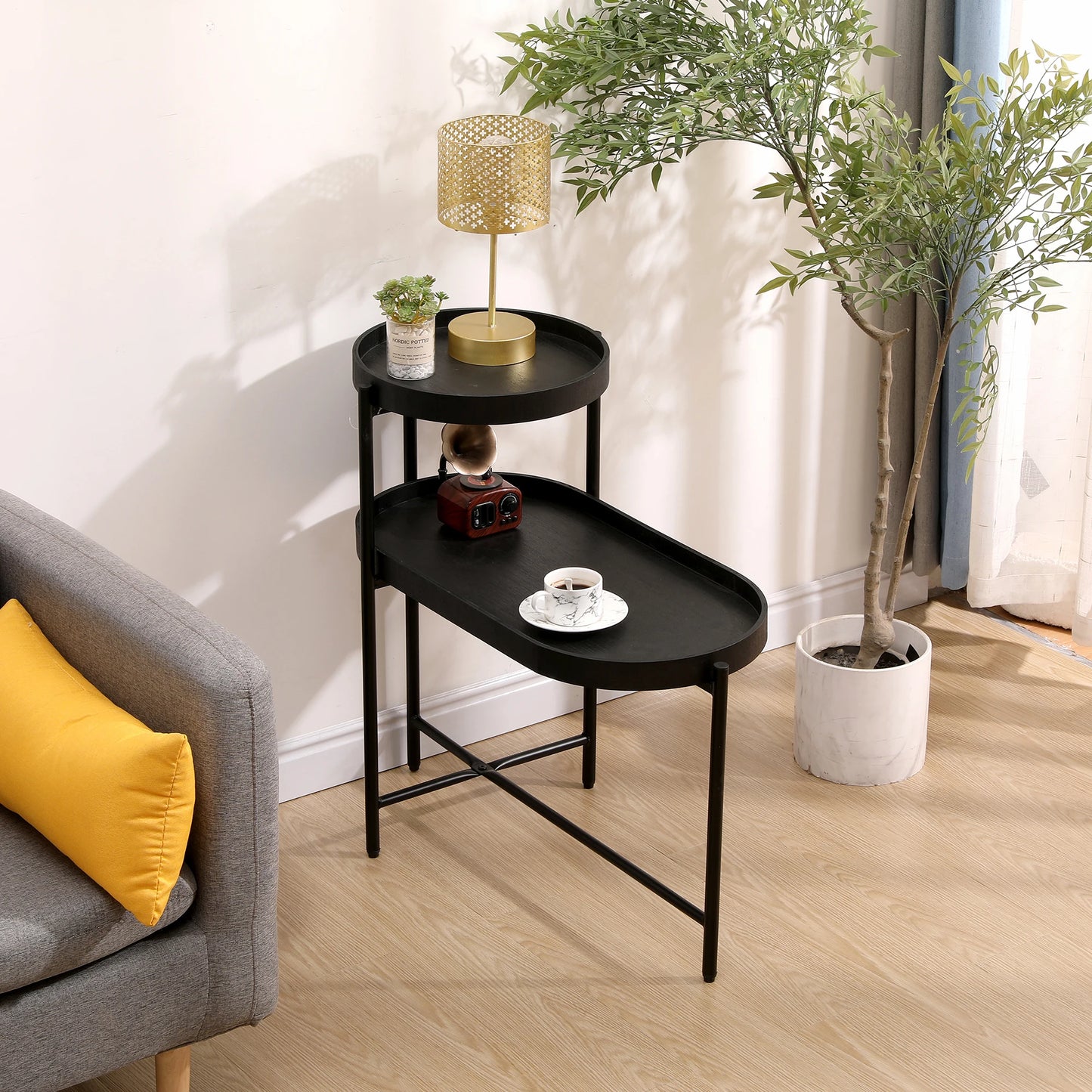 Two Tier Side Table With Storage Metal Frame End Table