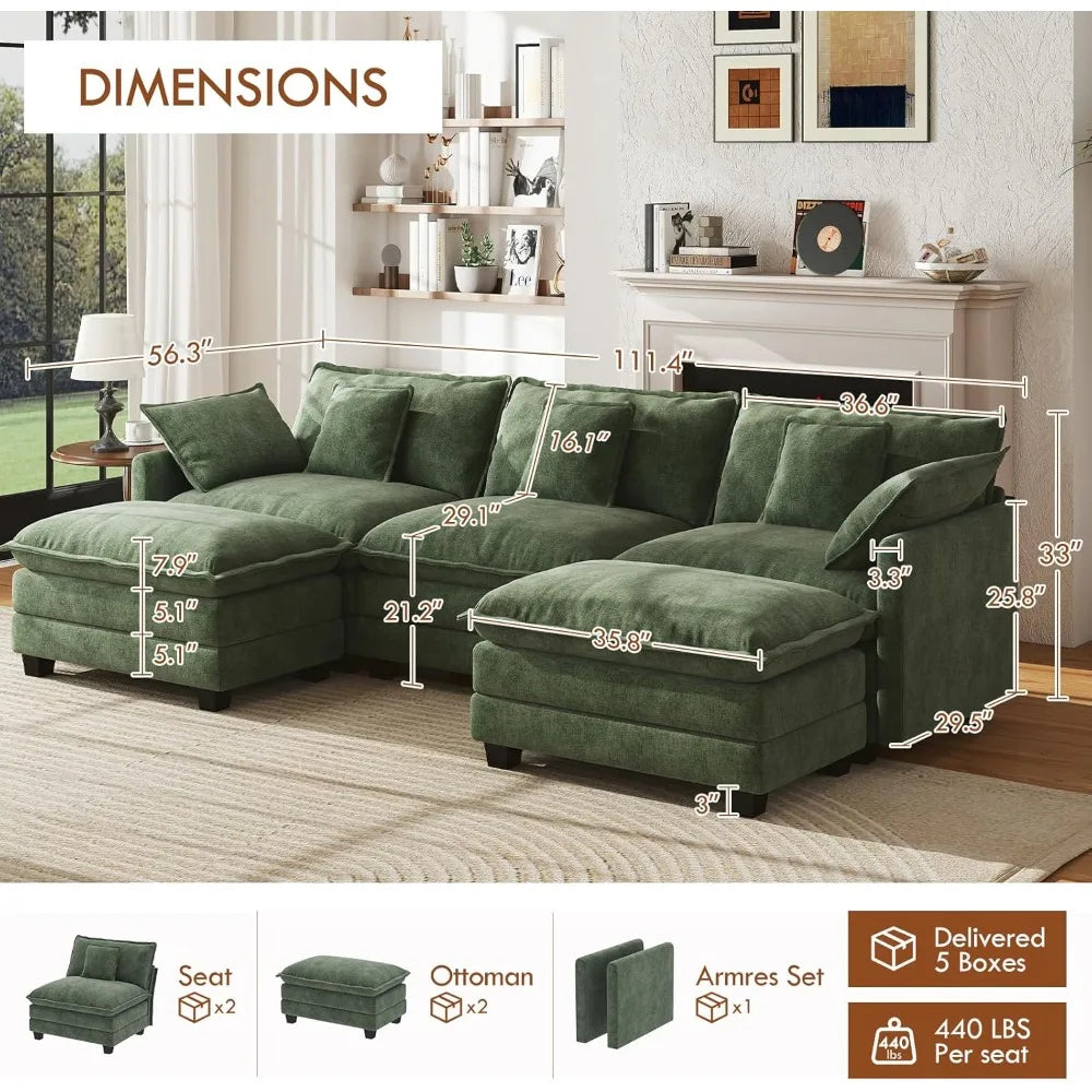 U Shaped Modular Sectional Sofa Chenille With Movable Ottomans
