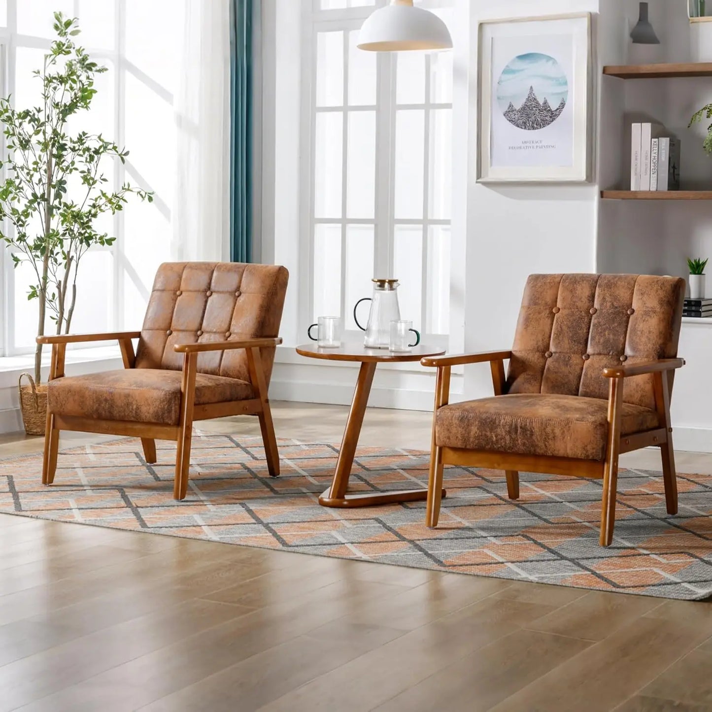PU Leather Accent Chair Set Of 2 Mid Century Modern