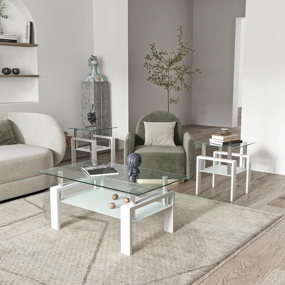 Living Room Tempered Glass Coffee Table And End Tables Set