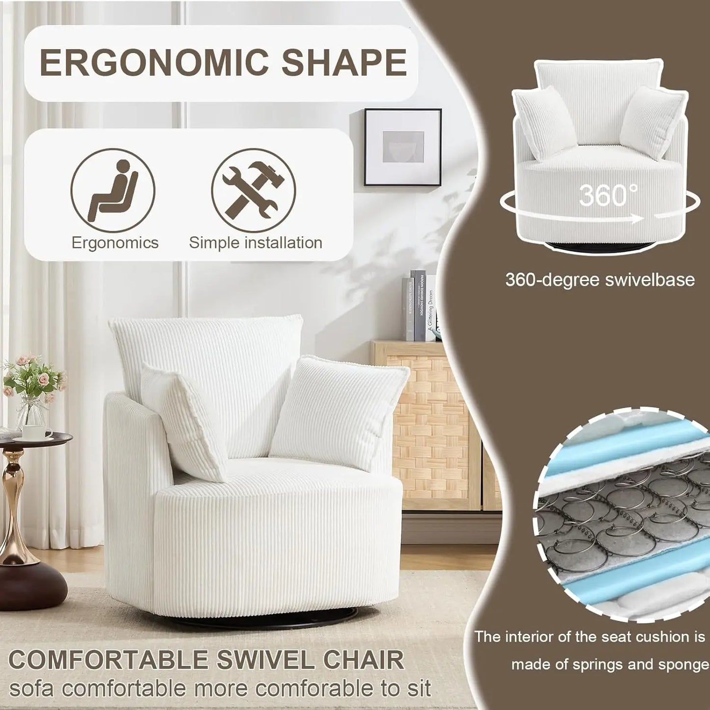 Swivel Accent Upholstered Chair for Living Room and Bedroom