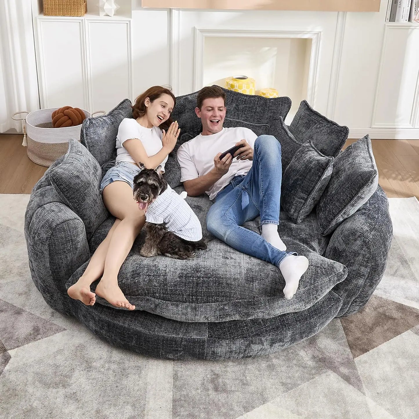 Round Chenille Chaise Lounge Couch With Backrest And Pillows