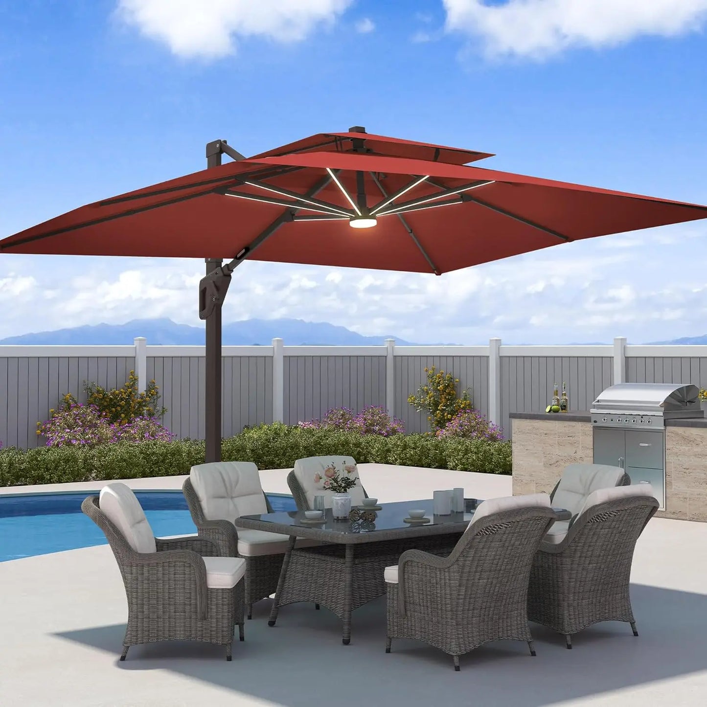 Aluminum Cantilever Patio Umbrella With LED Lights And Weighted Base