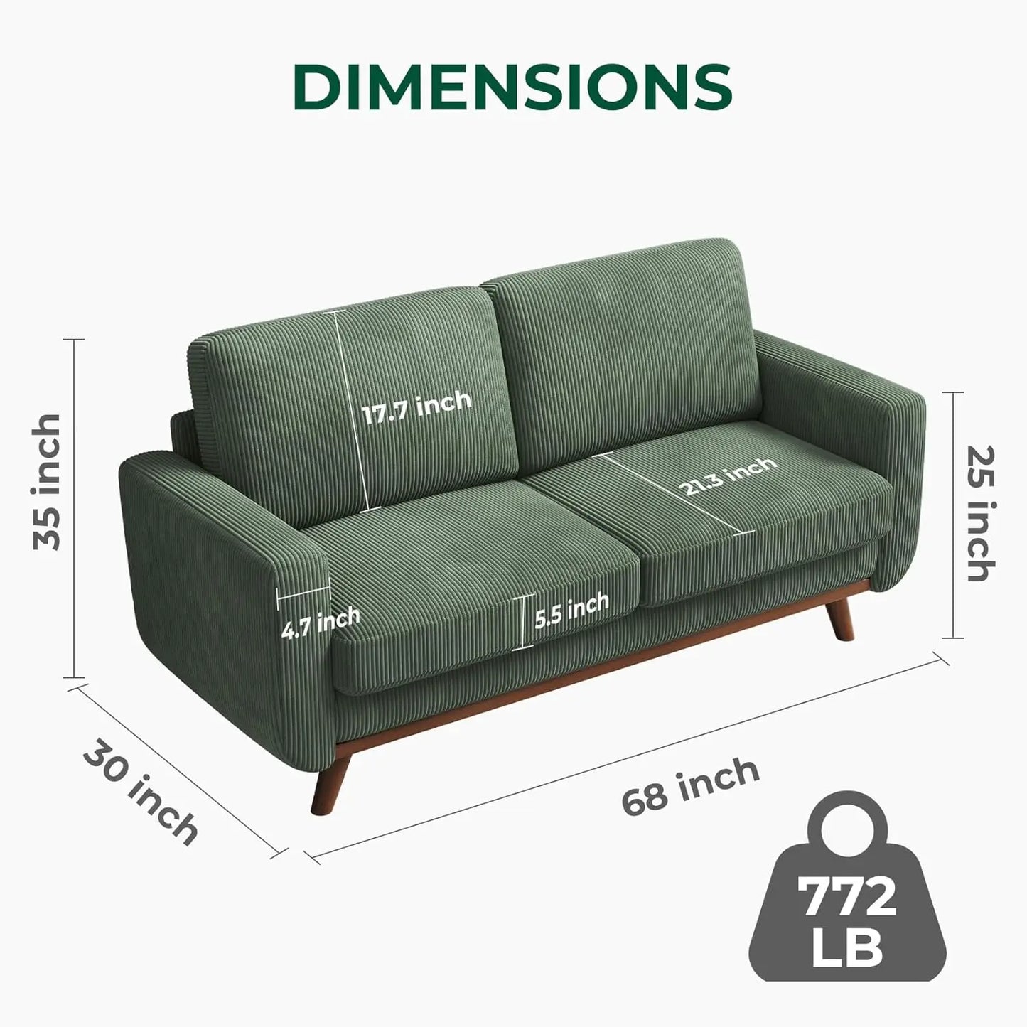 HUANZHUANG Corduroy Loveseat Sofa With Spring Cushion Solid Wood Frame