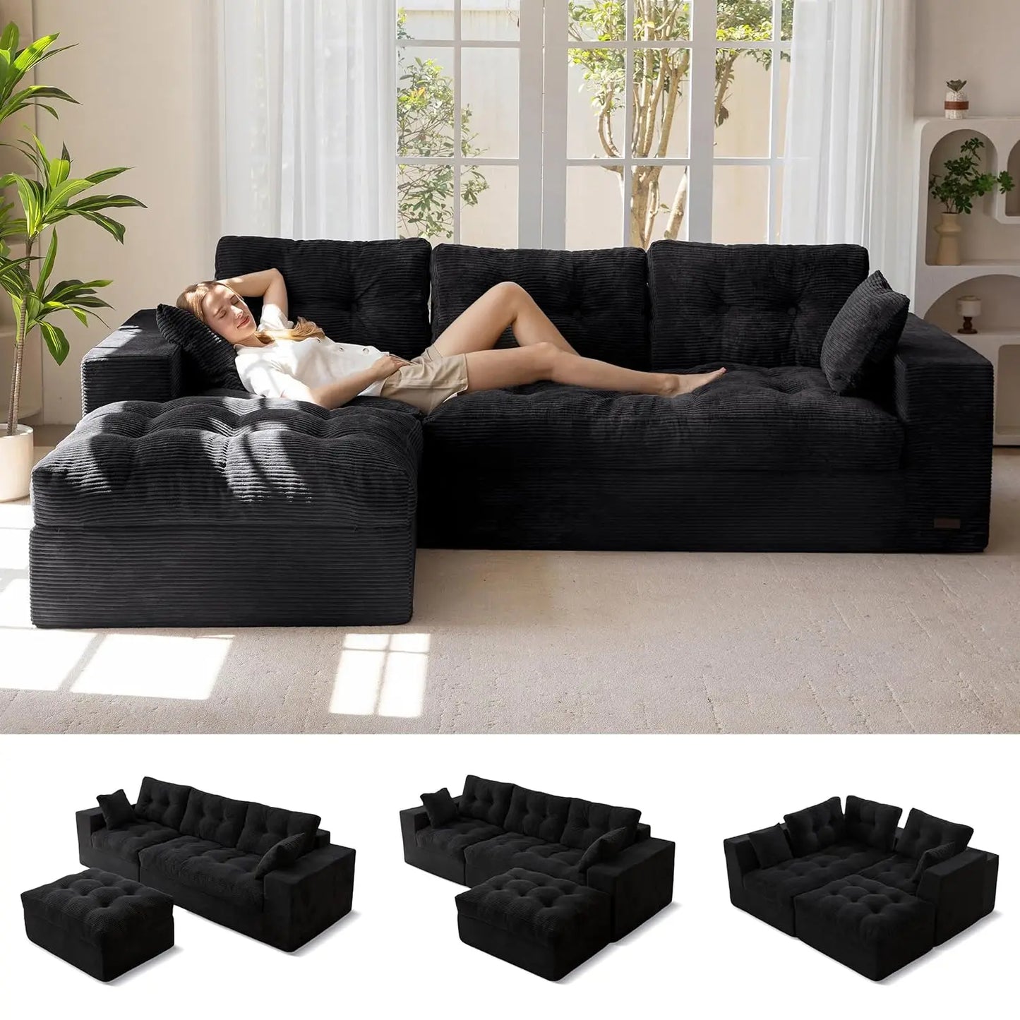 L Shaped Modular Sectional Sofa With Ottoman Upholstered Comfort