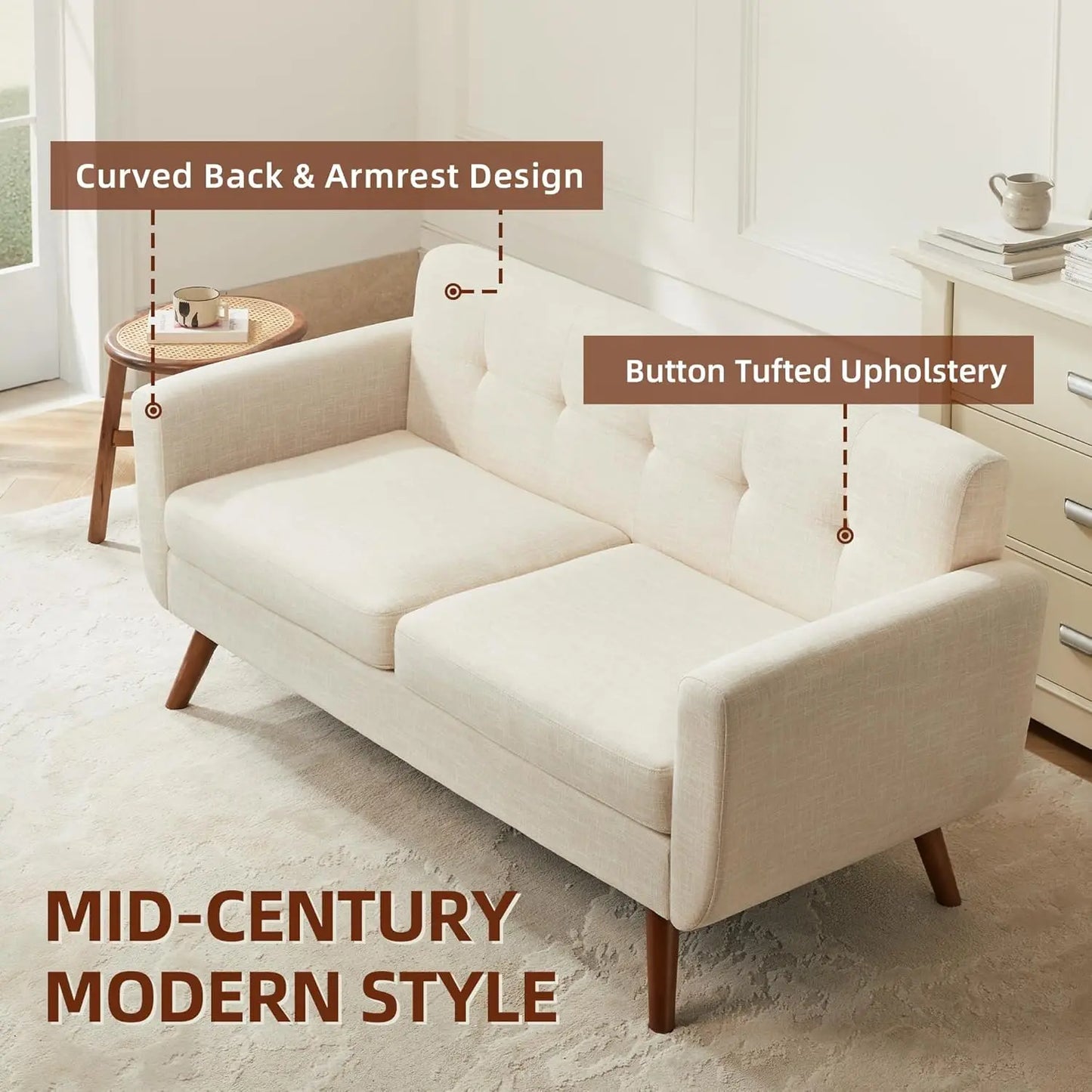 Mid Century Modern Button Tufted Upholstered Loveseat