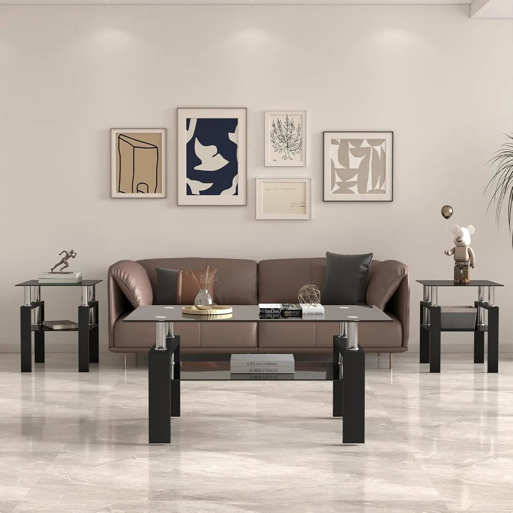 3-Piece Glass Coffee Table Set With End Tables Modern Metal