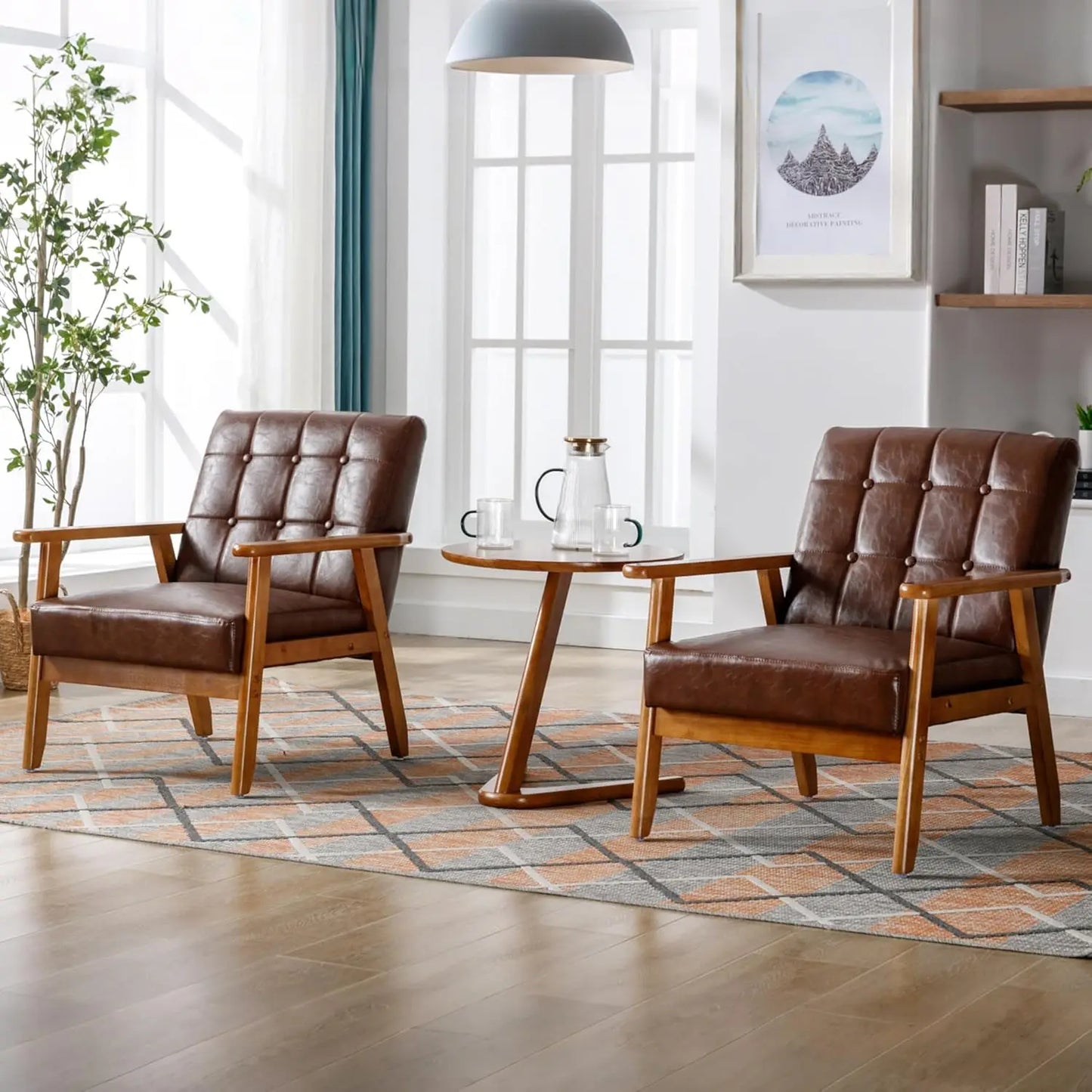 PU Leather Accent Chair Set Of 2 Mid Century Modern