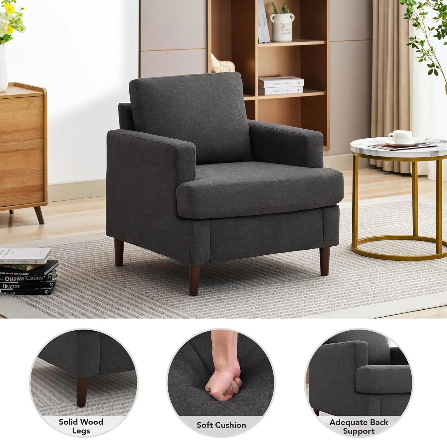Mid Century Modern Linen Accent Armchair For Living Room