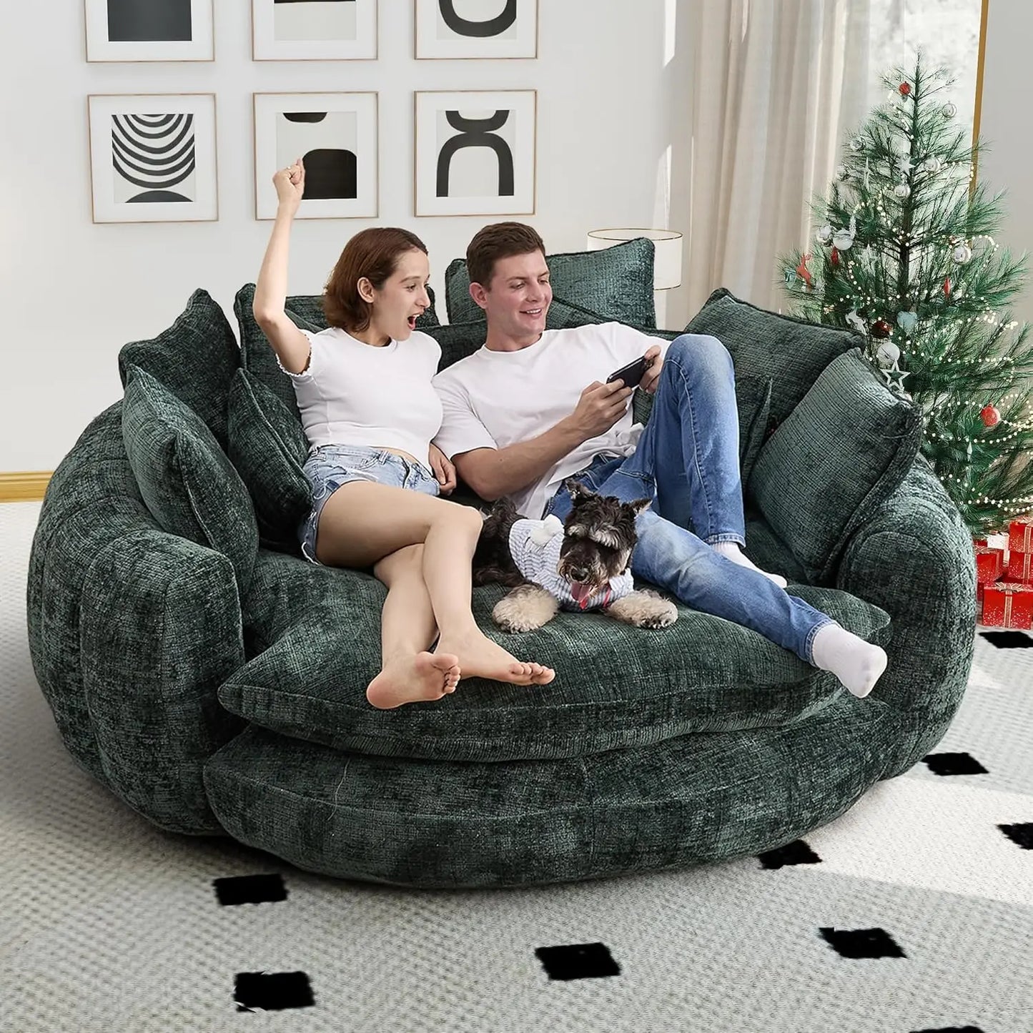 Round Chenille Chaise Lounge Couch With Backrest And Pillows