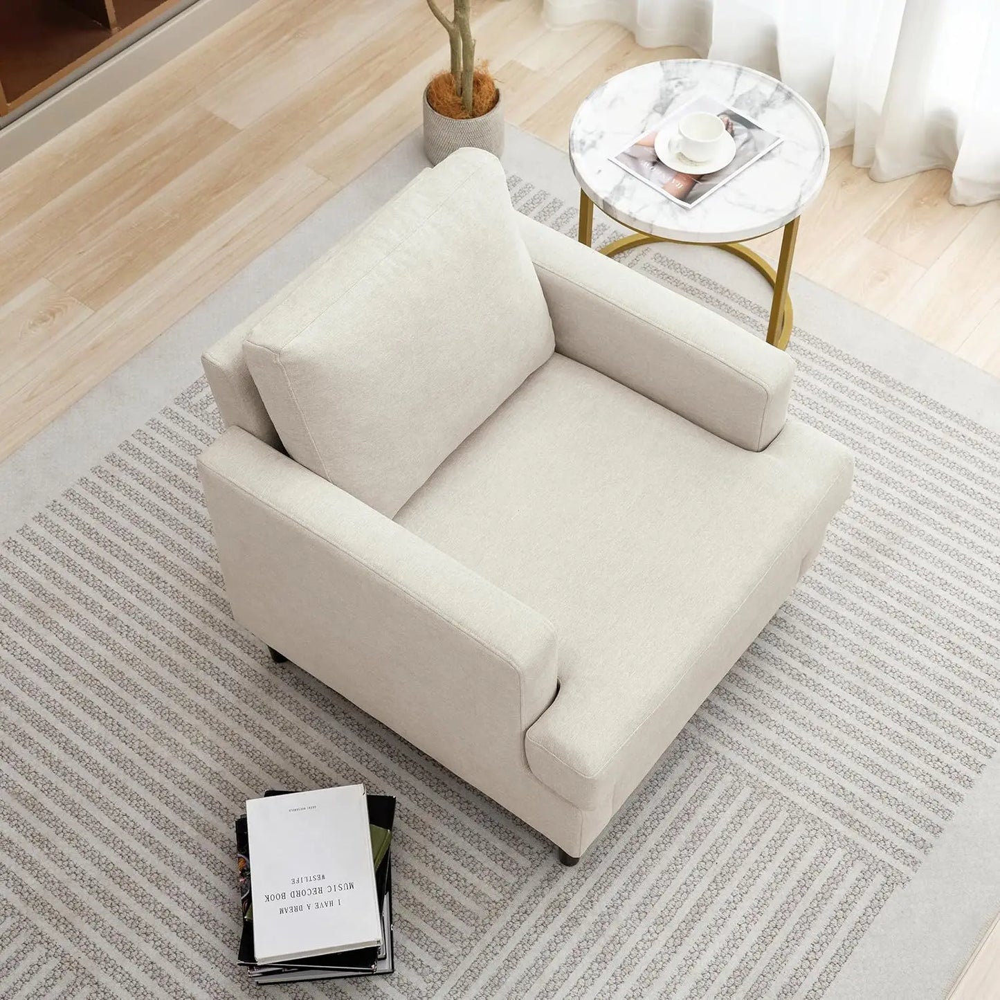 Mid Century Modern Accent Chair Linen Fabric Armchair For Living Room