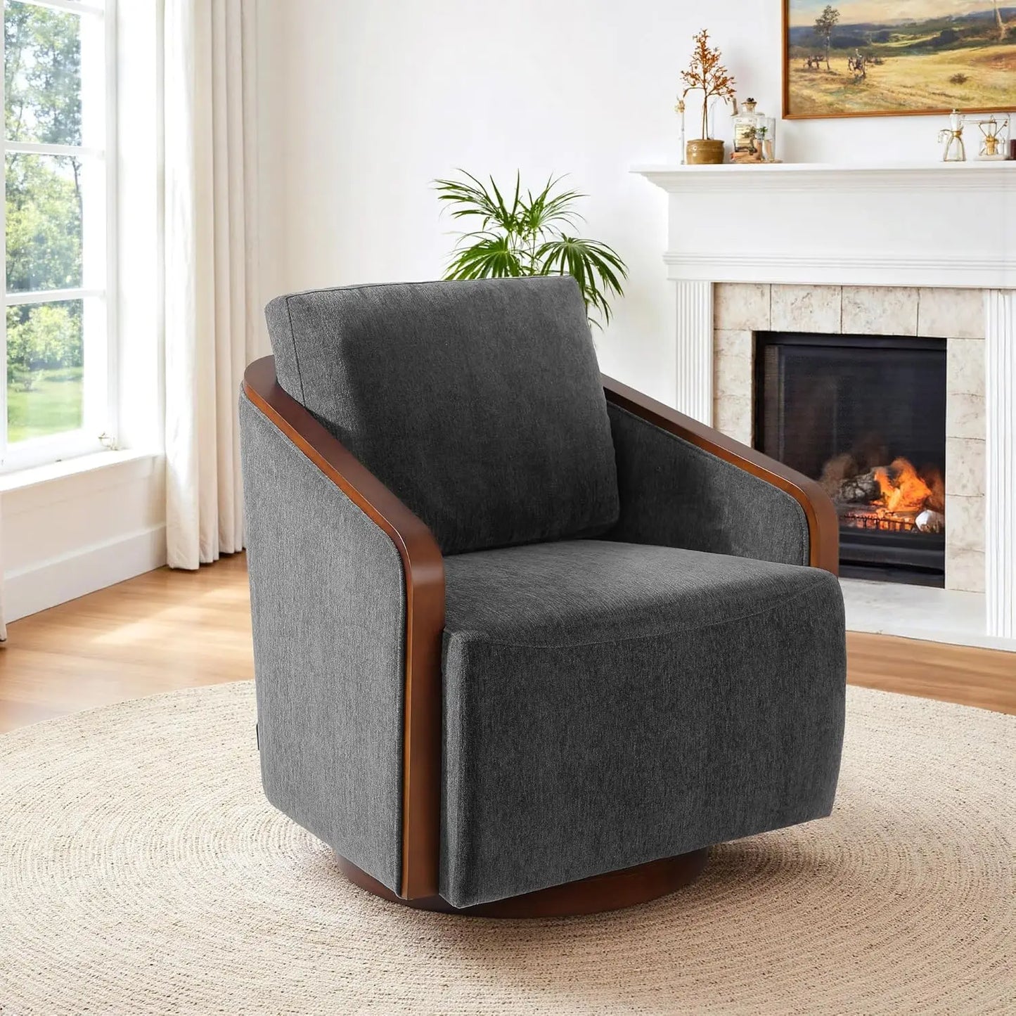 360 Degree Swivel Upholstered Round Barrel Chair Chenille Armchair