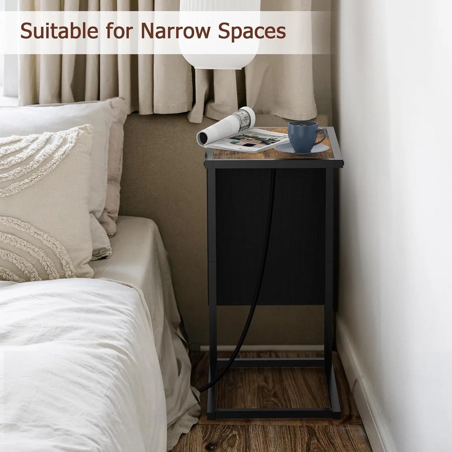 C Shaped End Table With USB Charging And Metal Frame