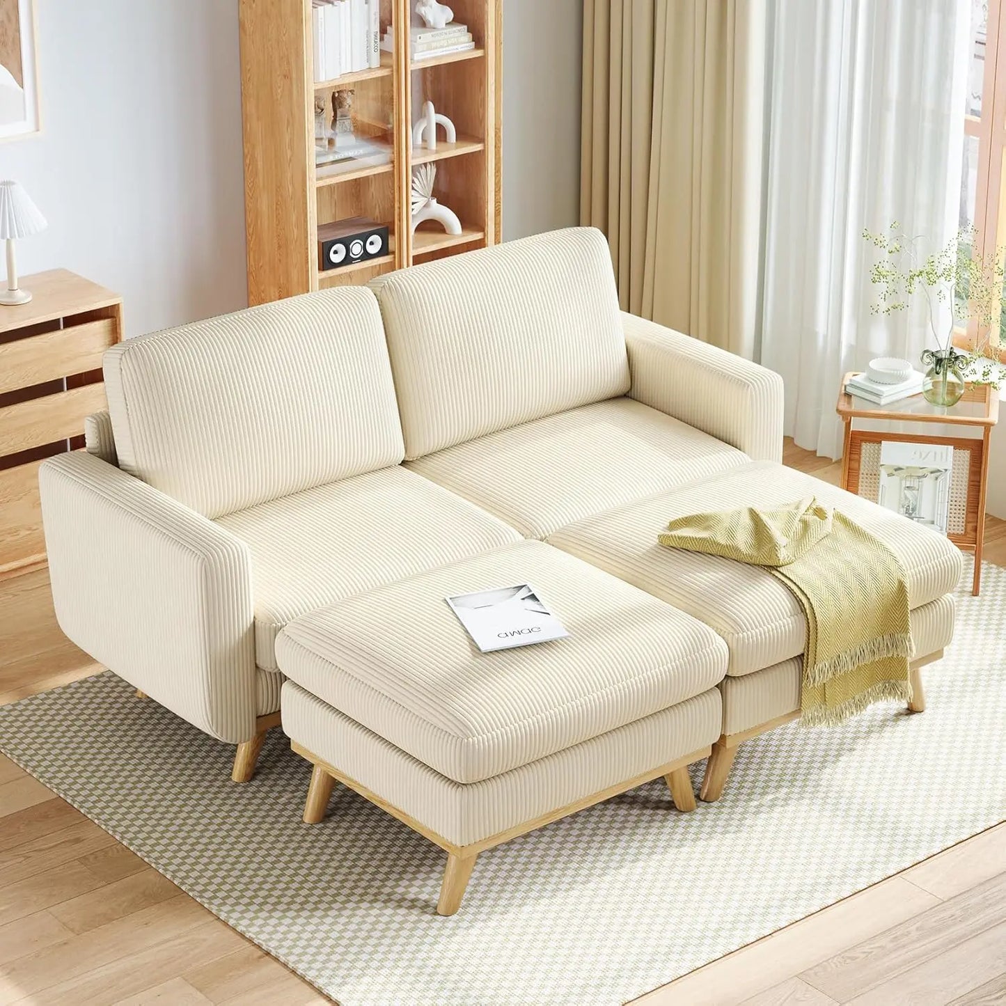 HUANZHUANG Corduroy Loveseat Sofa With Spring Cushion Solid Wood Frame