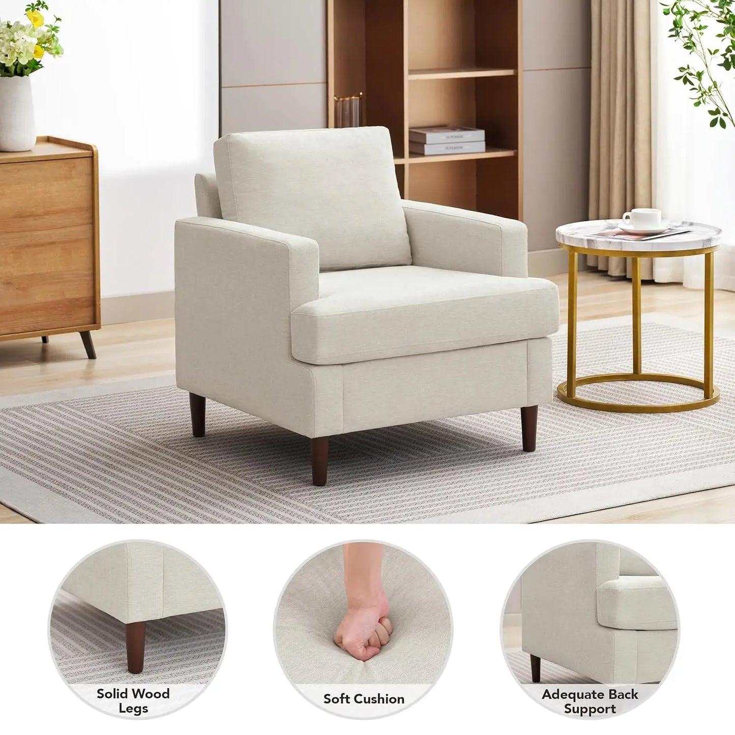 Mid Century Modern Accent Chair Linen Fabric Armchair For Living Room
