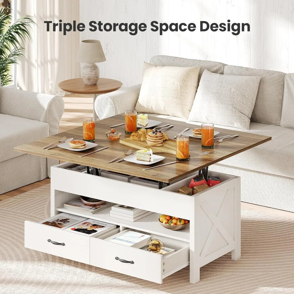 Farmhouse Lift Top Coffee Table With Storage And Hidden Compartment