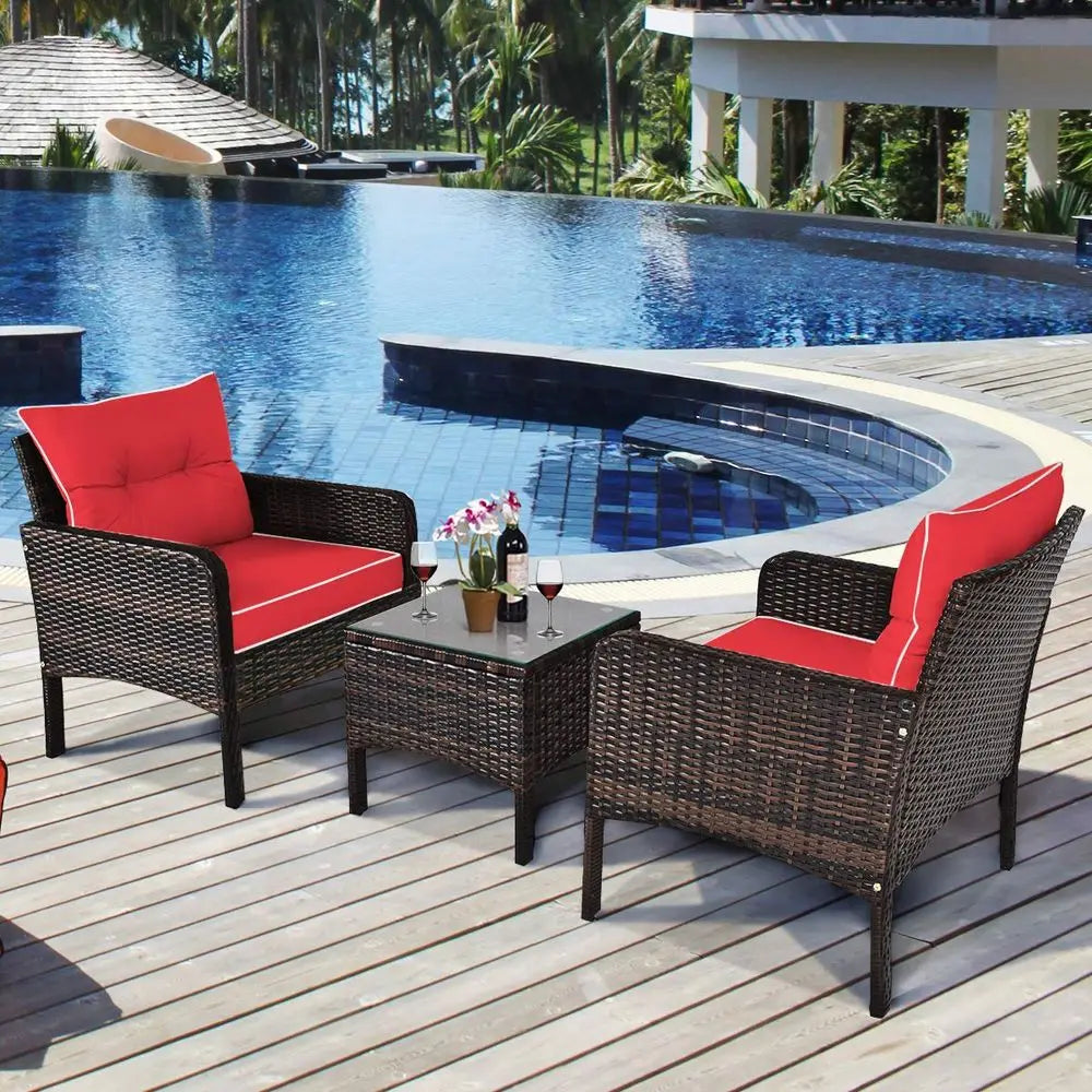 Outdoor Patio Furniture Set 3 Piece Wicker Chairs Glass Table