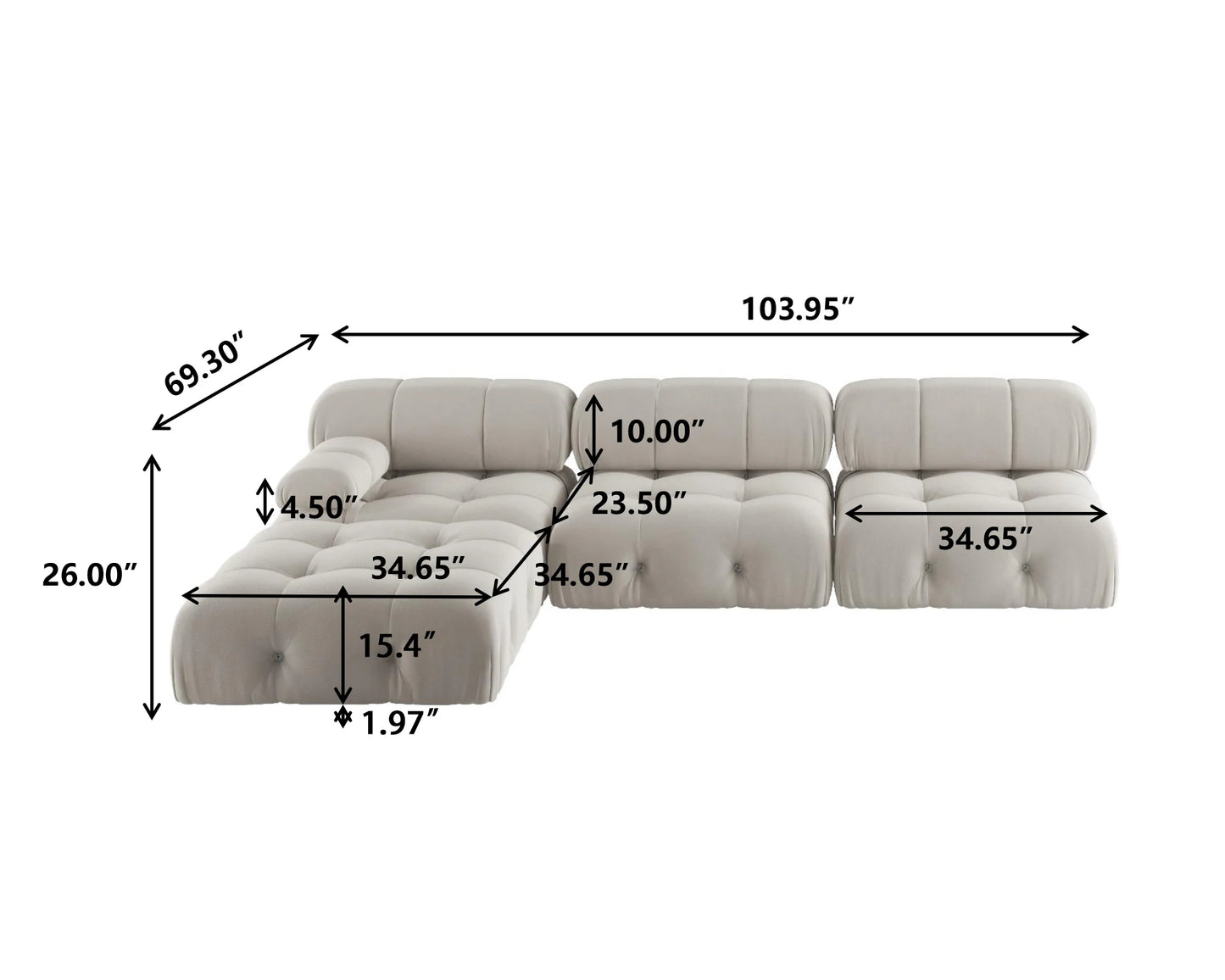 Sdorens Velvet L-Shaped Sectional Sofa With Reversible Ottoman