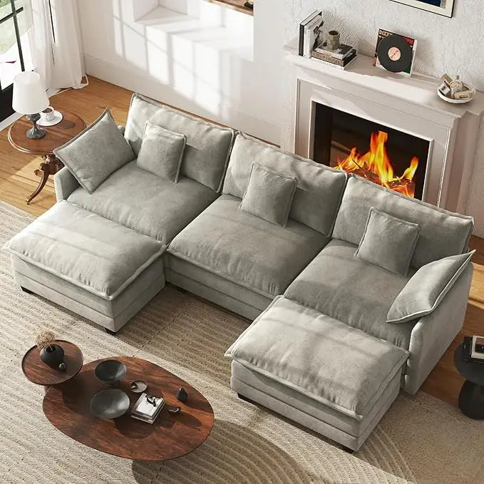 U Shaped Modular Sectional Sofa Chenille With Movable Ottomans