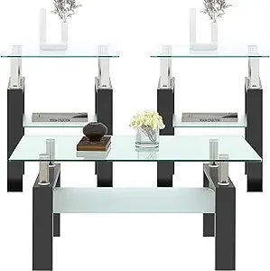3-Piece Glass Coffee Table Set With End Tables Modern Metal