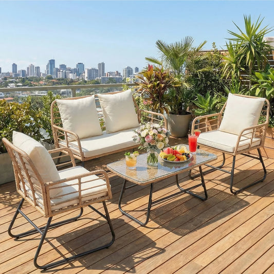 Outdoor Wicker Patio Furniture Set 4 With Cushions Glass Table