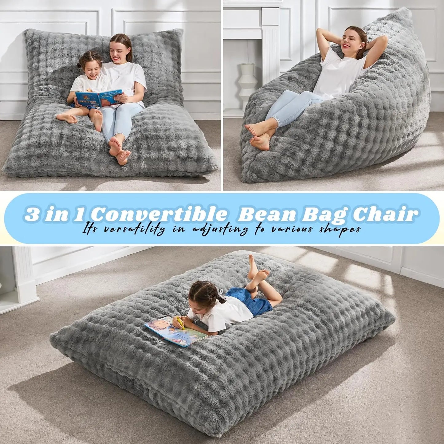 3-in-1 Memory Foam Bean Bag Chair With Washable Cover