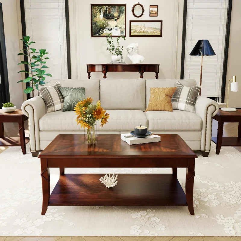 Solid Wood 3-Piece Living Room Set With Coffee Table
