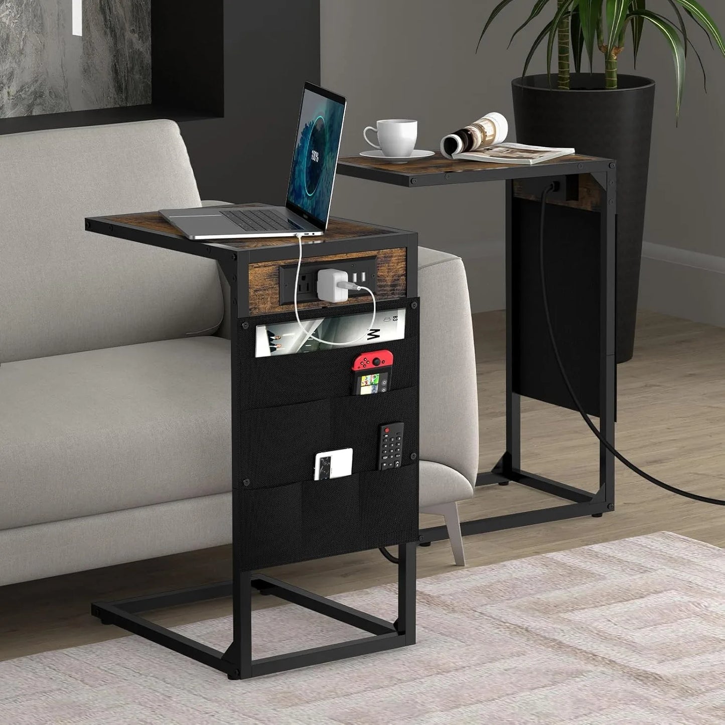 C Shaped End Table With USB Charging And Metal Frame