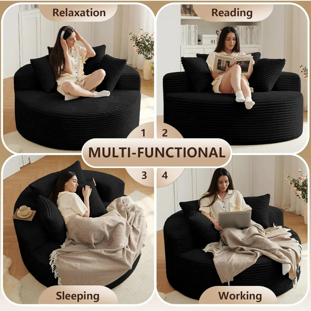 Round Corduroy Upholstered Lounge Chair With Deep Seat Sofa