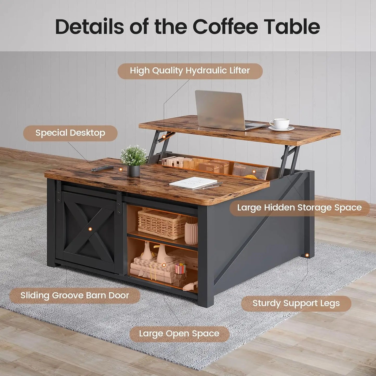 Lift Top Coffee Table With Storage Farmhouse Style