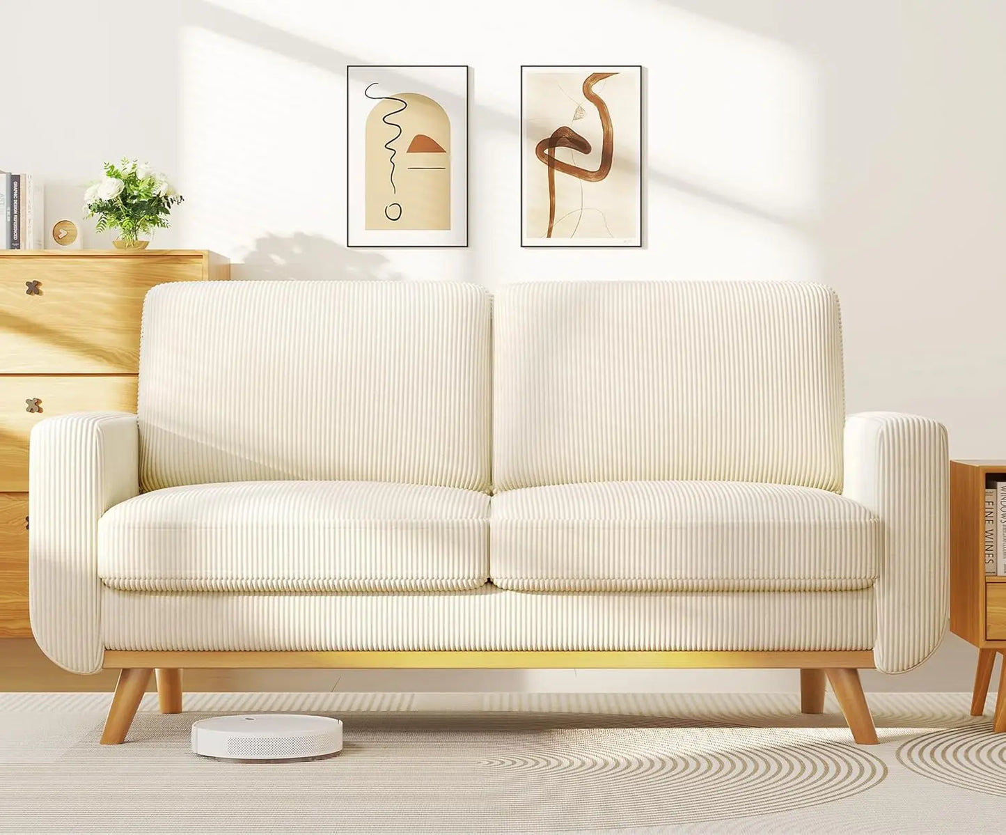 HUANZHUANG Corduroy Loveseat Sofa With Spring Cushion Solid Wood Frame