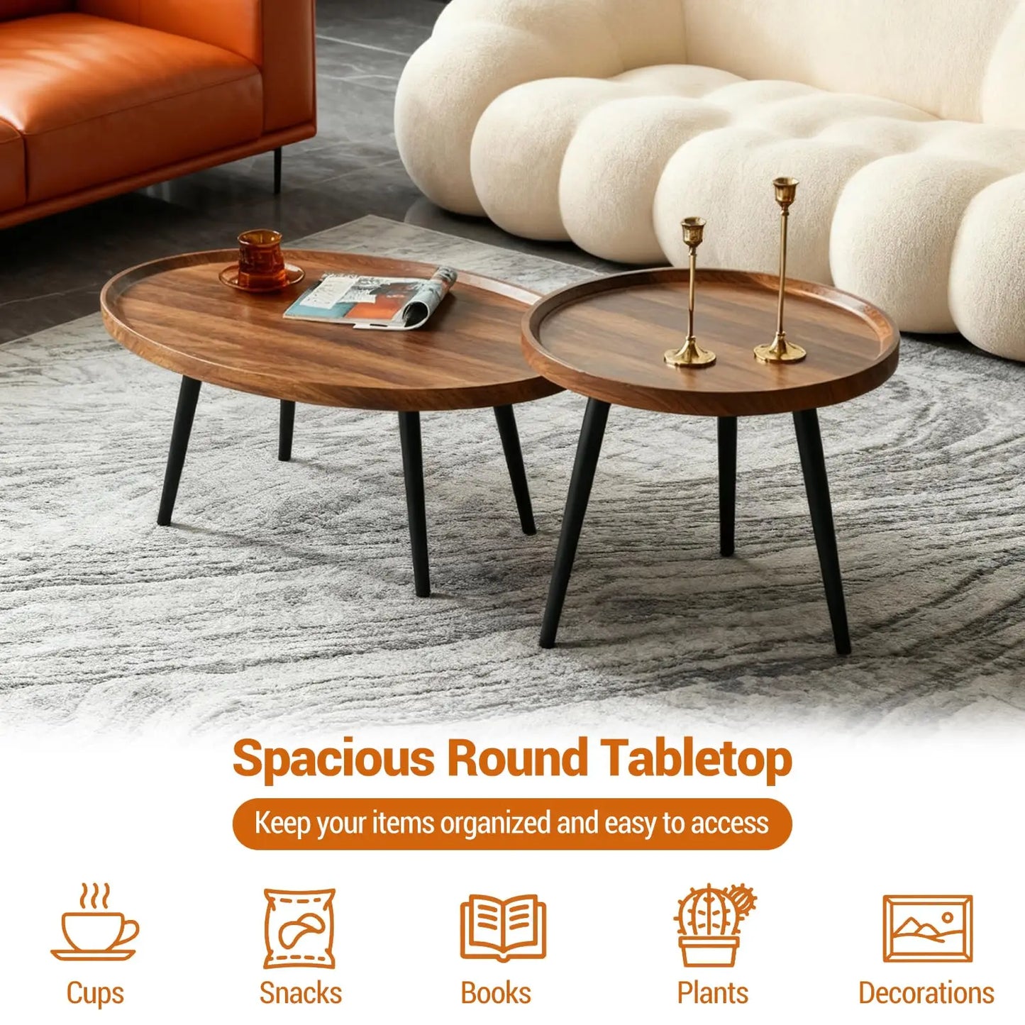 HiMISS Nesting Coffee Tables Set Walnut Mid Century Modern
