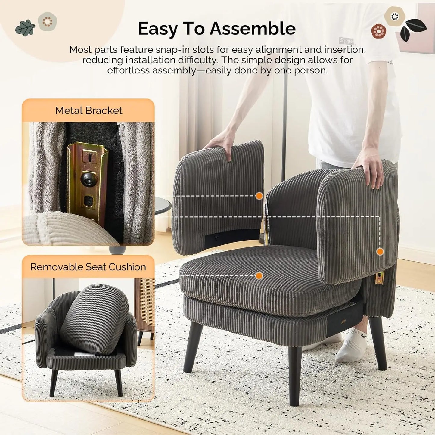 Barrel Accent Chair Set Armrest Track Wood Legs Upholstered Corduroy