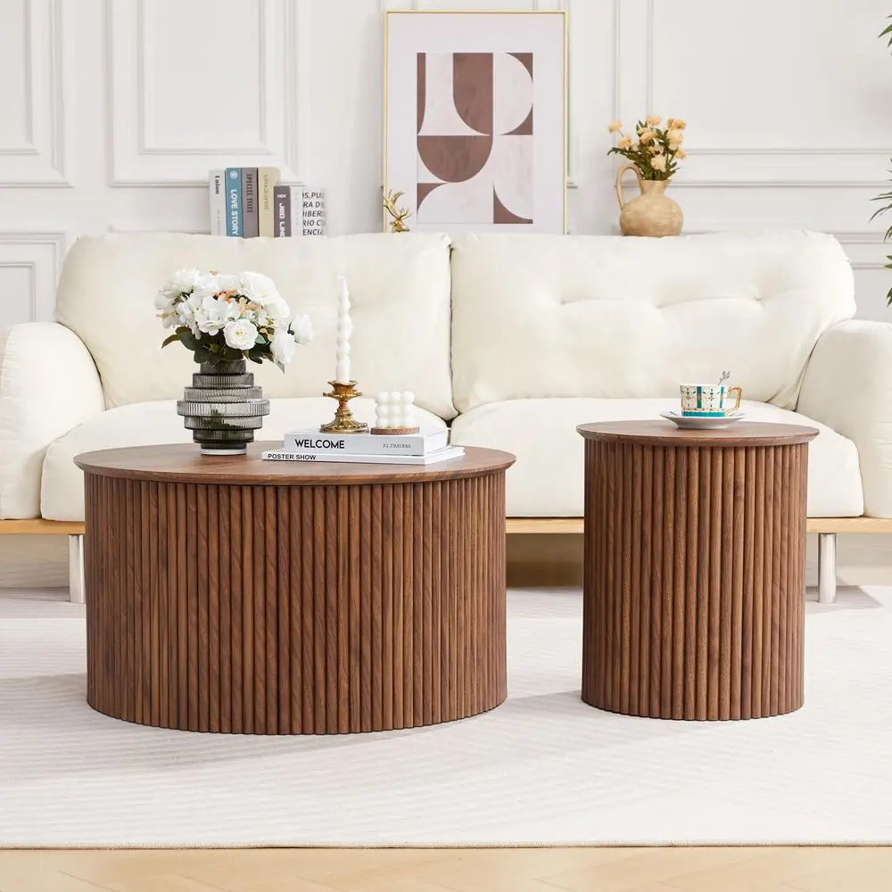 Round Nesting Coffee Tables Set Of 2 Mid Century Modern Wood
