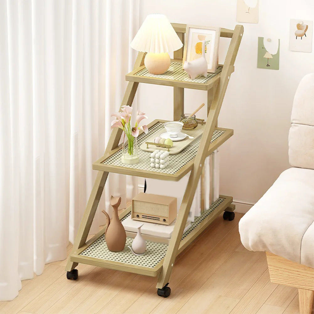 Three-Tier End Table With Wheels Rolling Cart For Living Room
