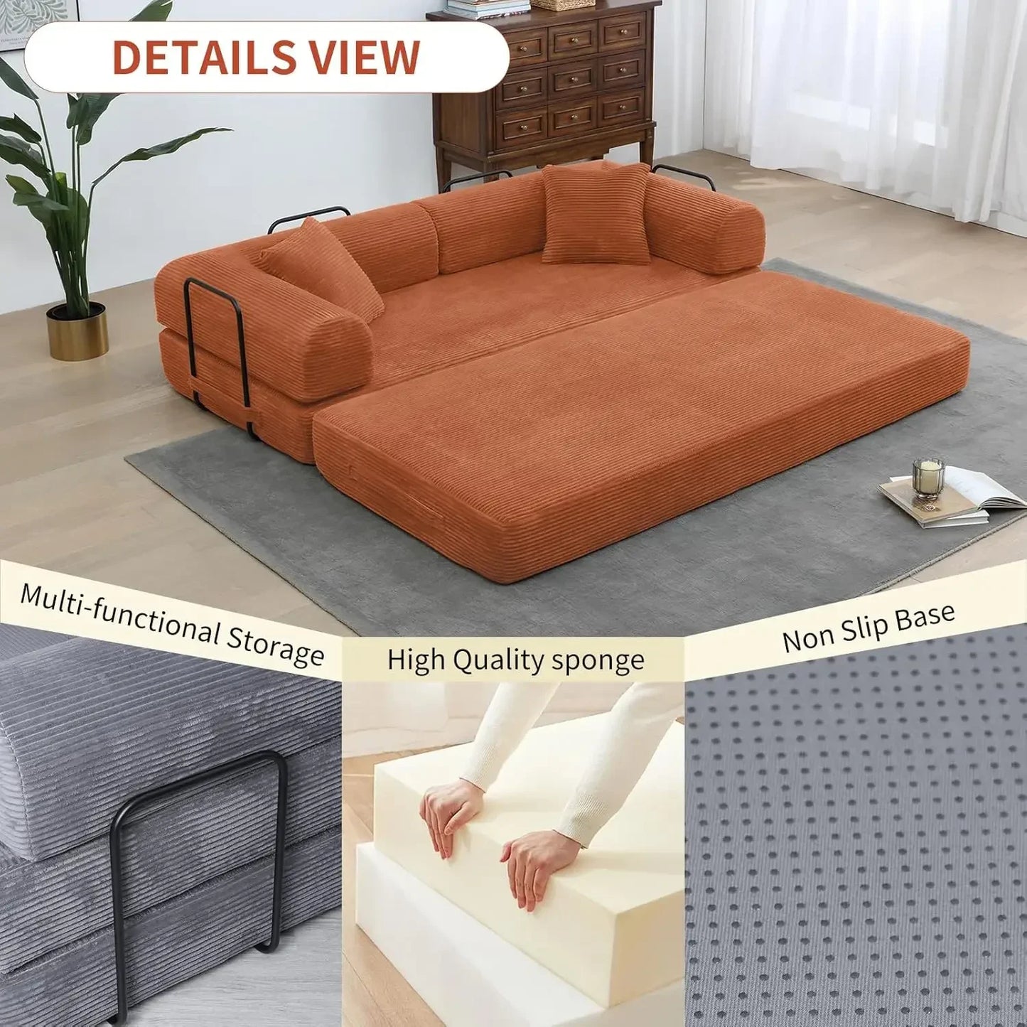 Convertible Sleeper Sofa Bed Corduroy Memory Foam Couch