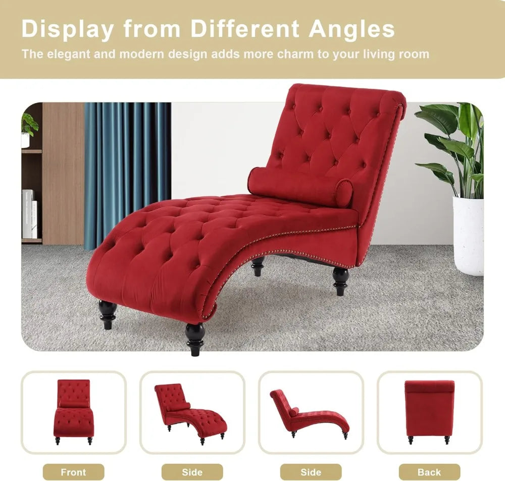 Velvet Upholstered Chaise Lounge Chair With Pillow Tufted Recliner