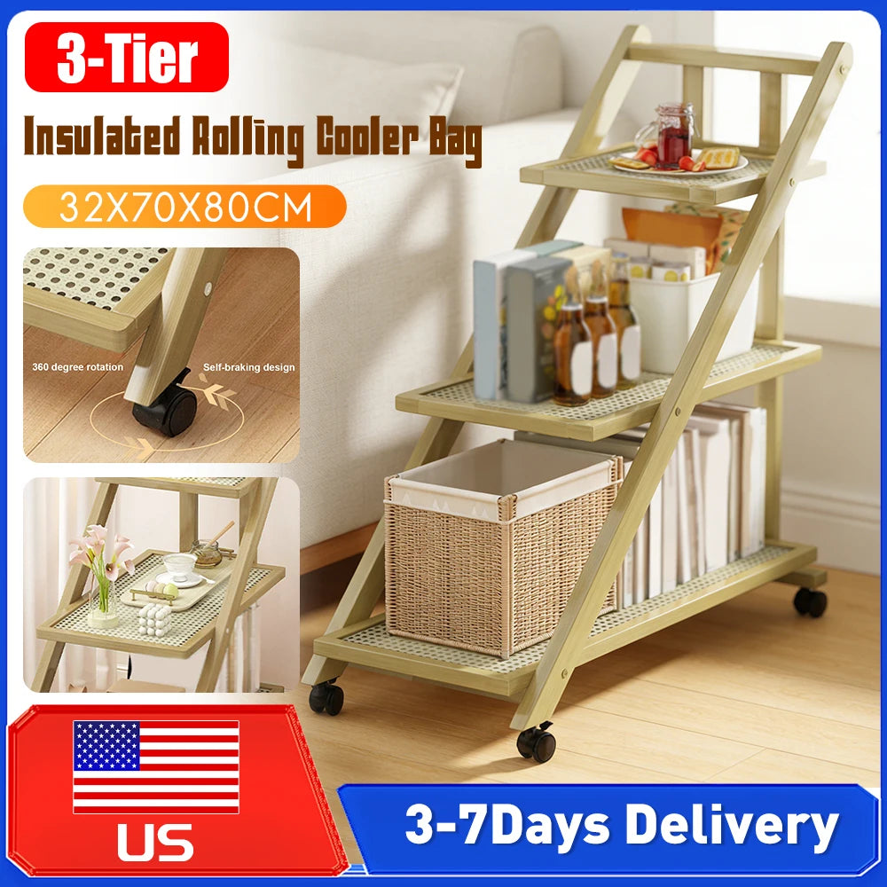 Three-Tier End Table With Wheels Rolling Cart For Living Room
