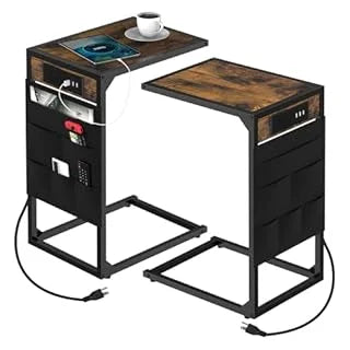 C Shaped End Table With USB Charging And Metal Frame