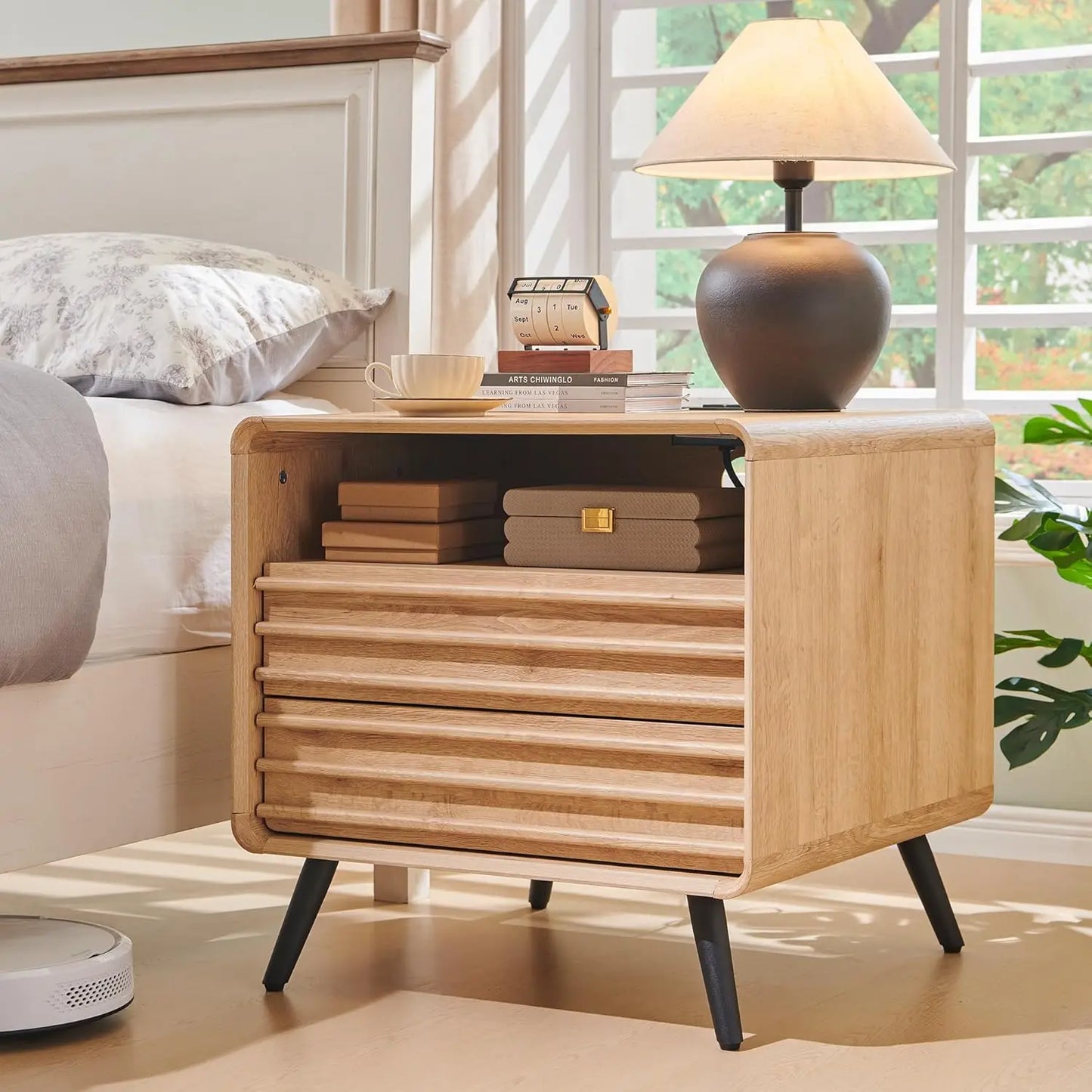 Nightstand Set Of 2 With Charger Station Mid Century Modern