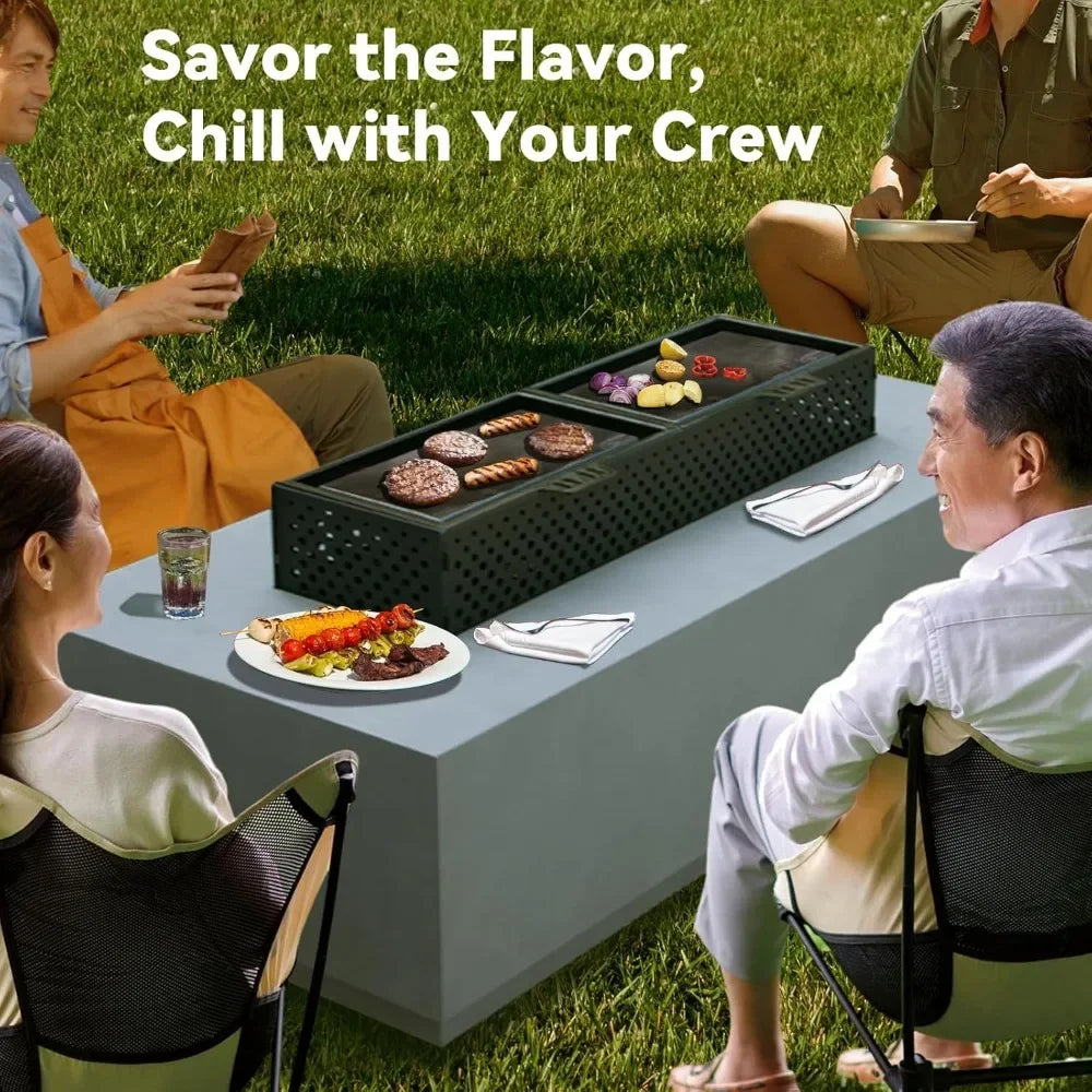 Rectangular Propane Fire Pit Table 50k BTU With Griddle