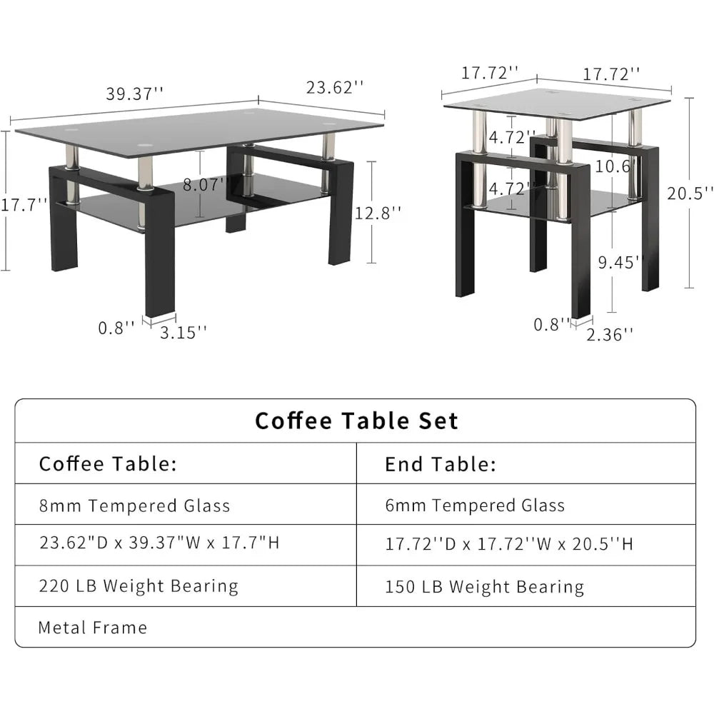 3-Piece Glass Coffee Table Set With End Tables Modern Metal