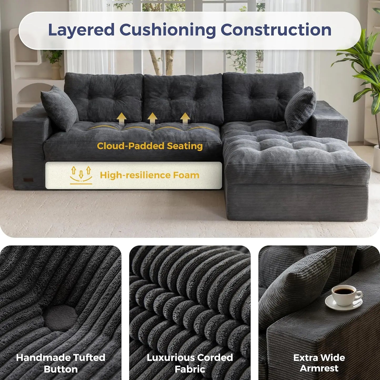 L Shaped Modular Sectional Sofa With Ottoman Upholstered Comfort