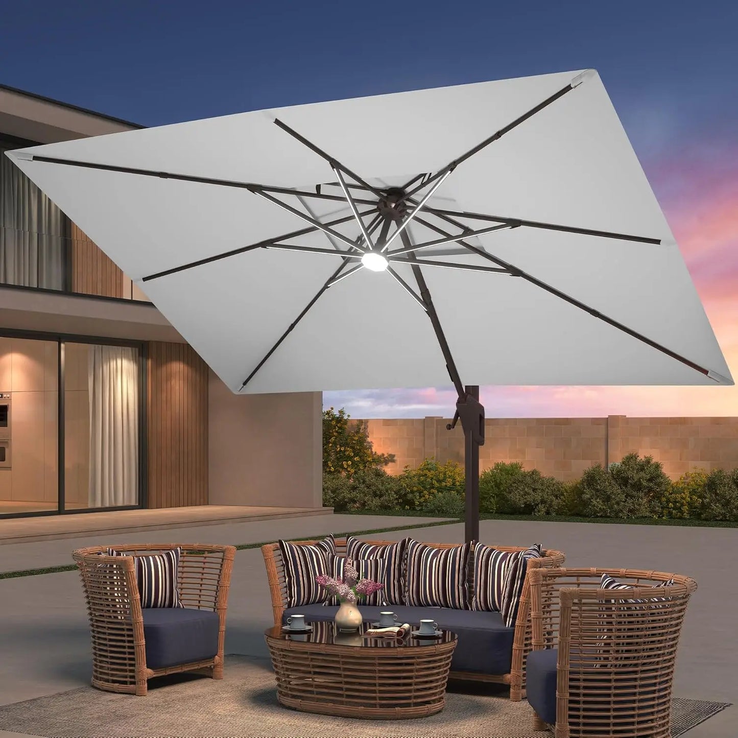 Aluminum Cantilever Patio Umbrella With LED Lights And Weighted Base