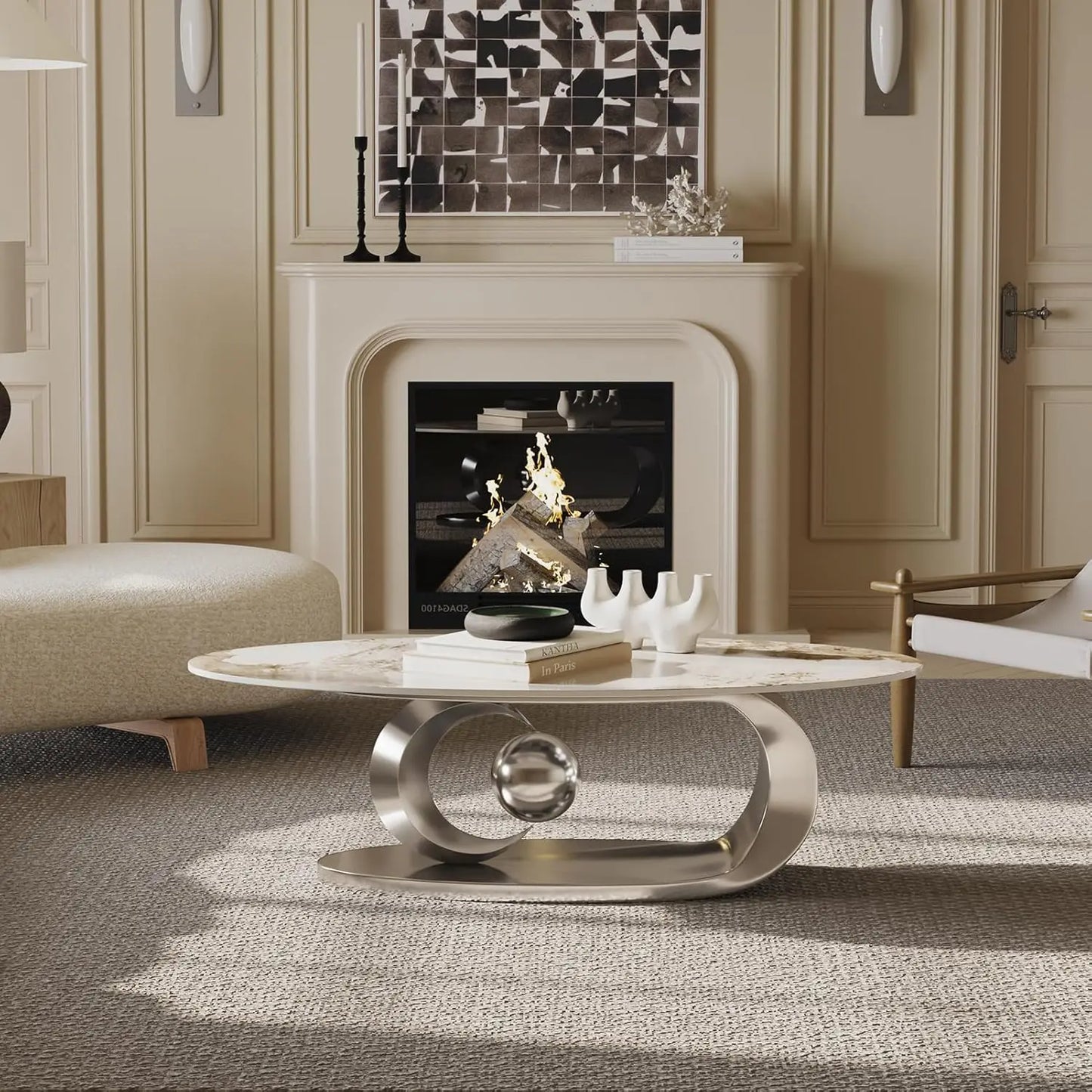 Modern Marble Oval Coffee Table with Gold Metal Base