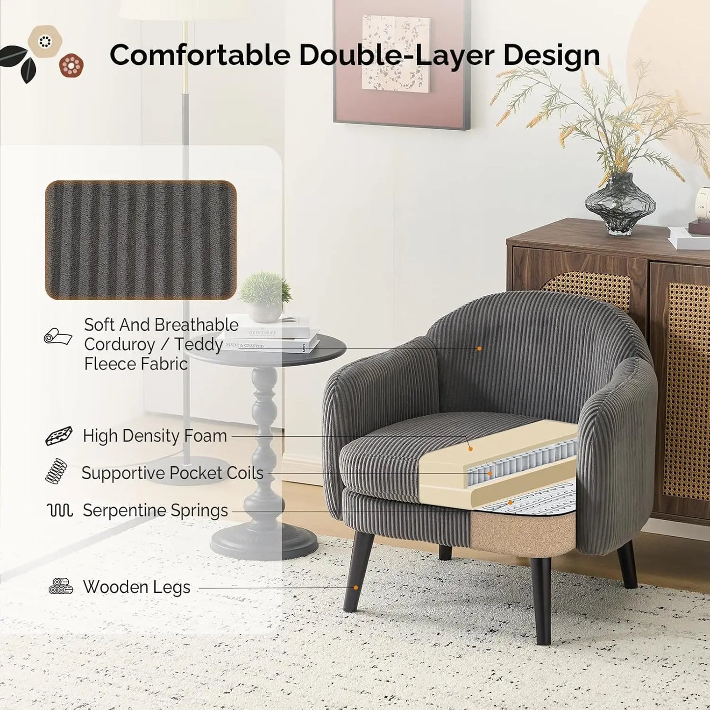 Barrel Accent Chair Set Armrest Track Wood Legs Upholstered Corduroy
