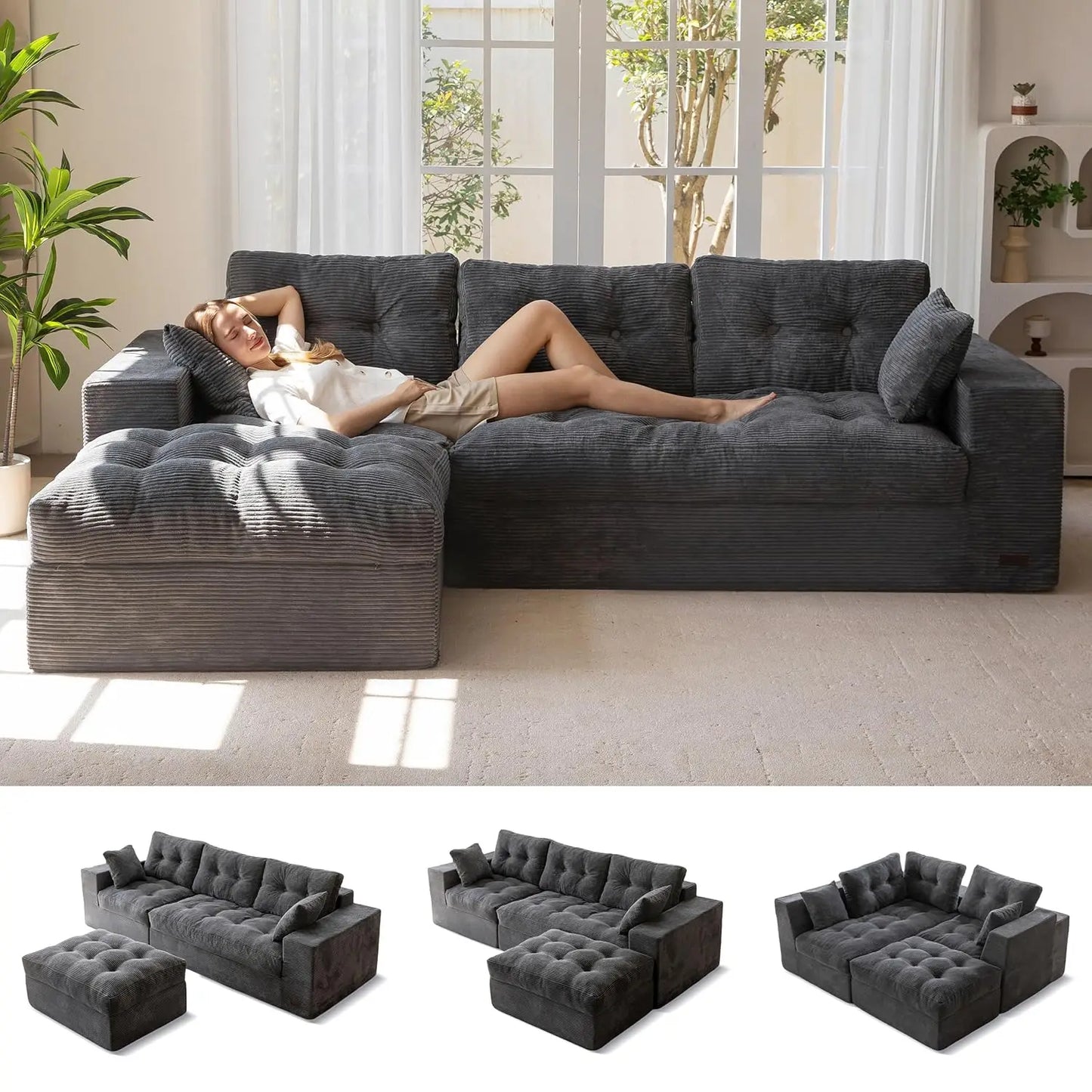 L Shaped Modular Sectional Sofa With Ottoman Upholstered Comfort