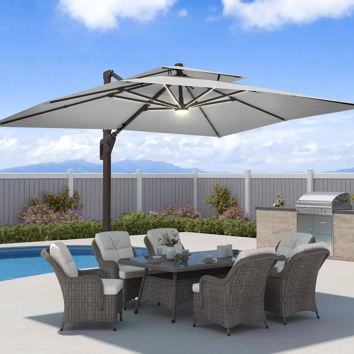 Aluminum Cantilever Patio Umbrella With LED Lights And Weighted Base