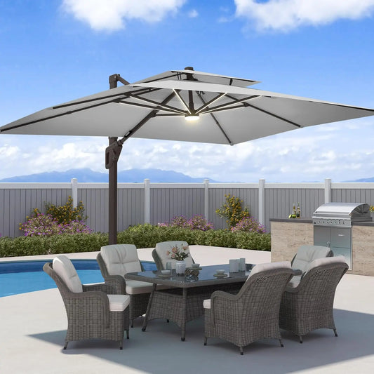 Aluminum Cantilever Patio Umbrella With LED Lights And Weighted Base