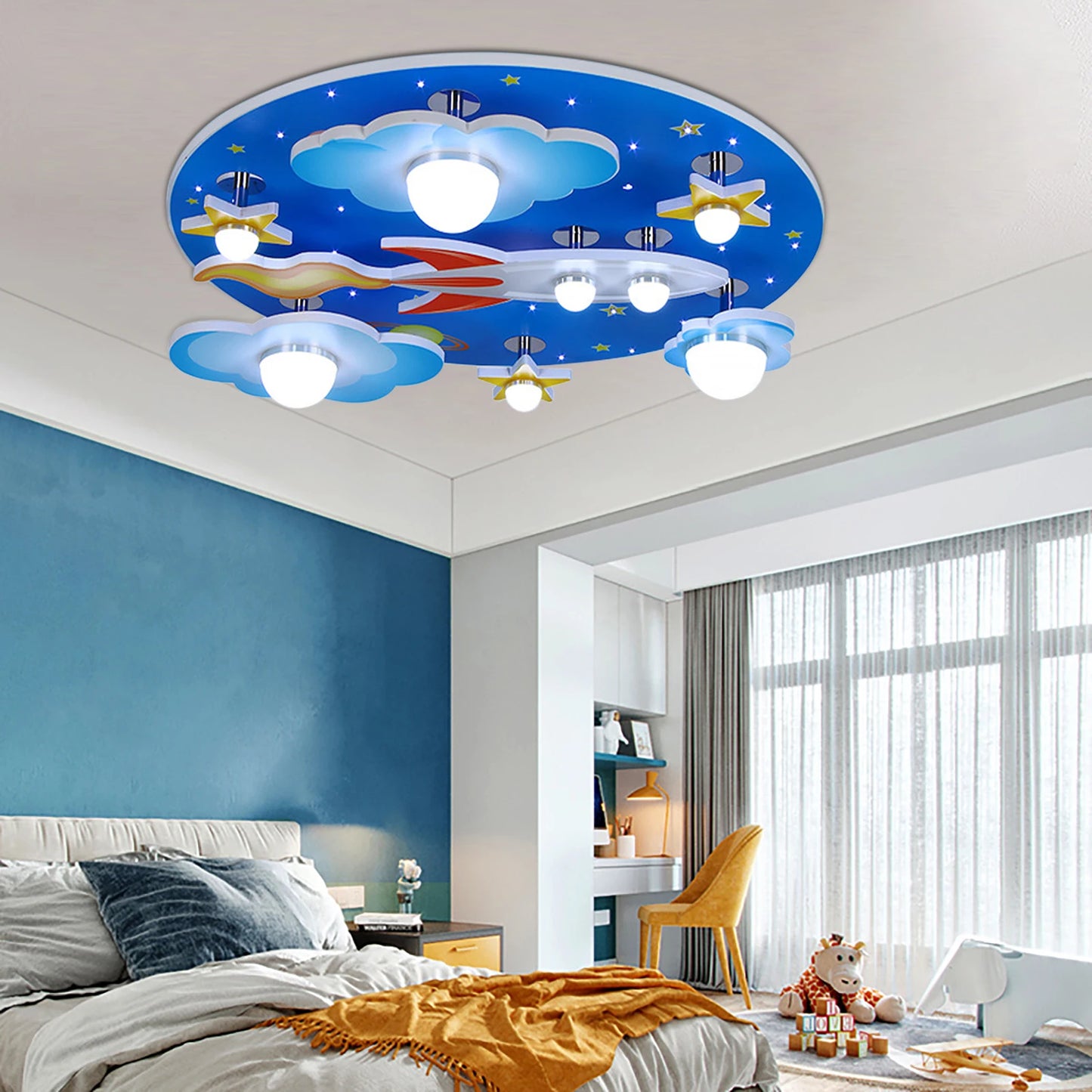 Modern Cartoon LED Ceiling Light Dimmable Wood Stars Chandelier